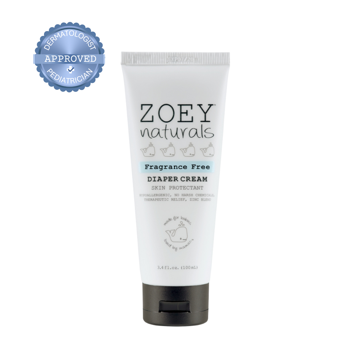 Zoey Naturals diaper cream tube on a white background with a dermatologist approval badge.