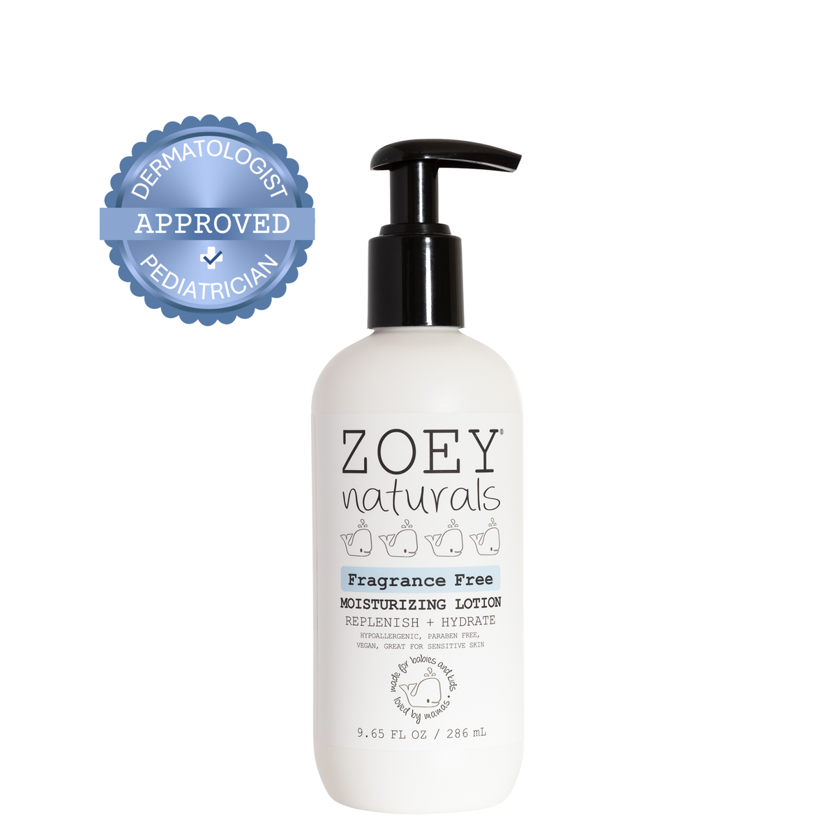 Zoey Naturals moisturizing lotion bottle with a dermatologist-approved badge on a white background