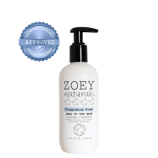 Zoey Naturals fragrance-free head to toe wash bottle with a dermatologist approved badge on a white background