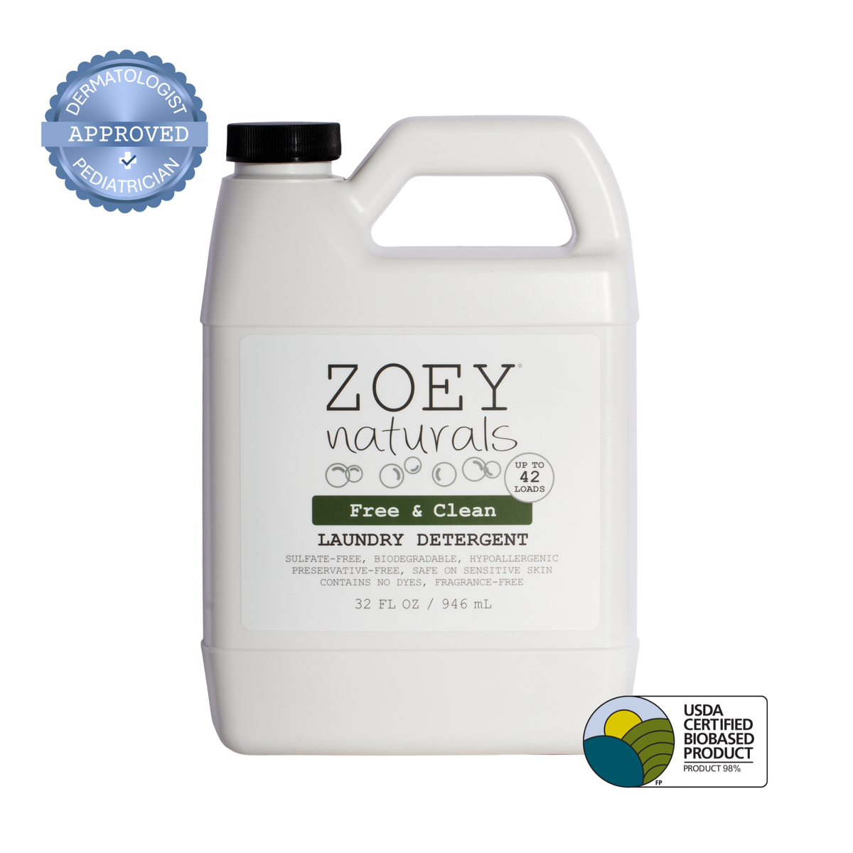 A 32 fl oz white plastic bottle of Zoey Naturals Free & Clean Laundry Detergent with a black cap, shown on a white background with a blue dermatologist/approval badge on the top left and a USDA Certified Biobased Product seal on the bottom right.