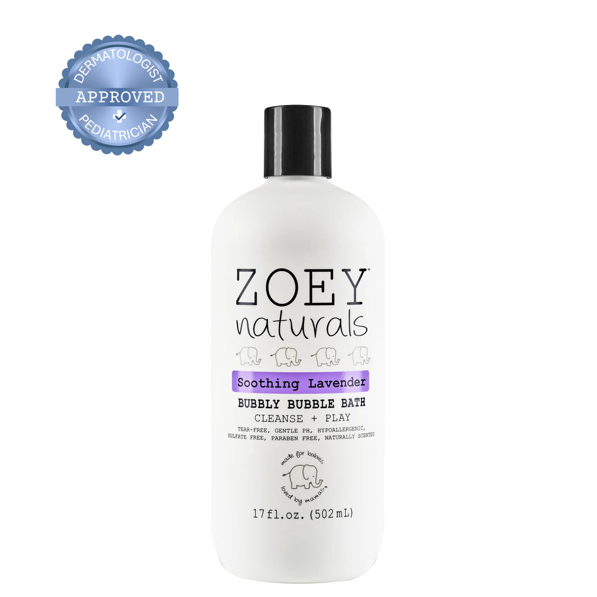 A white bottle of Zoey Naturals Soothing Lavender Bubble Bath with a black cap, shown on a white background with a blue 'Dermatologist Approved' seal in the top left corner.