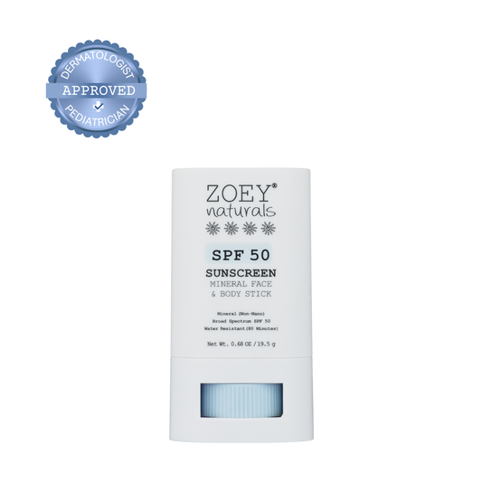 Zoey Naturals SPF 50 sunscreen stick packaging on a white background