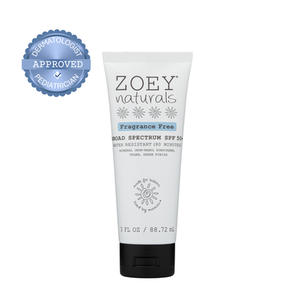 Zoey Naturals sunscreen tube with dermatologist approval badge on a white background