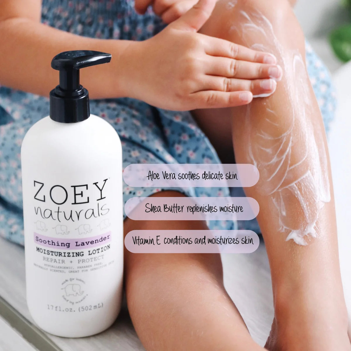 A bottle of Zoey Naturals Soothing Lavender Moisturizing Lotion is shown next to a person applying white lotion to their leg. The bottle is white with a black pump and purple label accents.